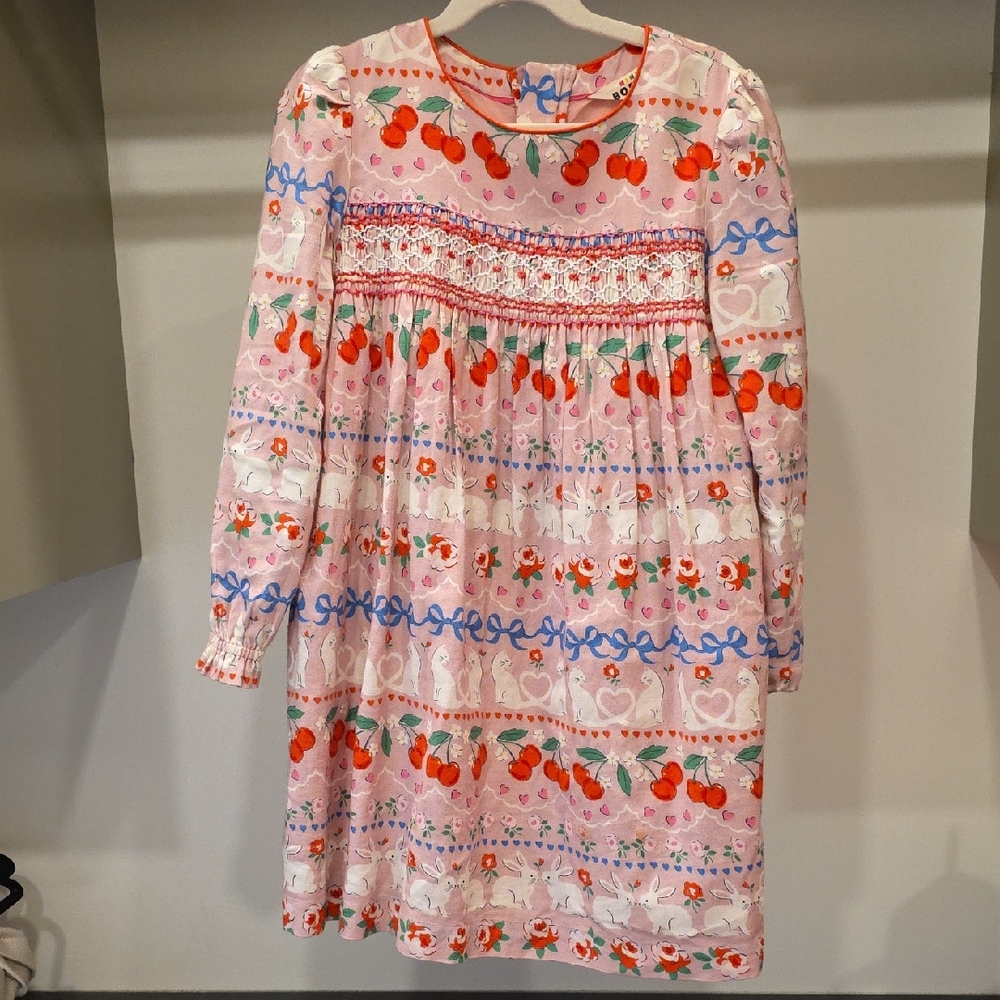 Mini Boden Pink Cherry Print Smocked Dress with Blue Accents